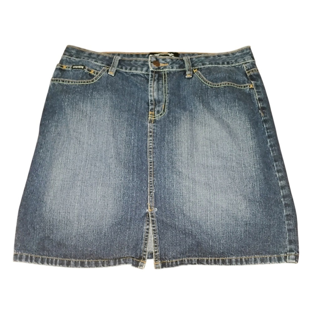 Vintage Squeeze Denim Mini Skirt Sz 11 Y2K Blue Jean Skirt High‎ Rise Front Slit